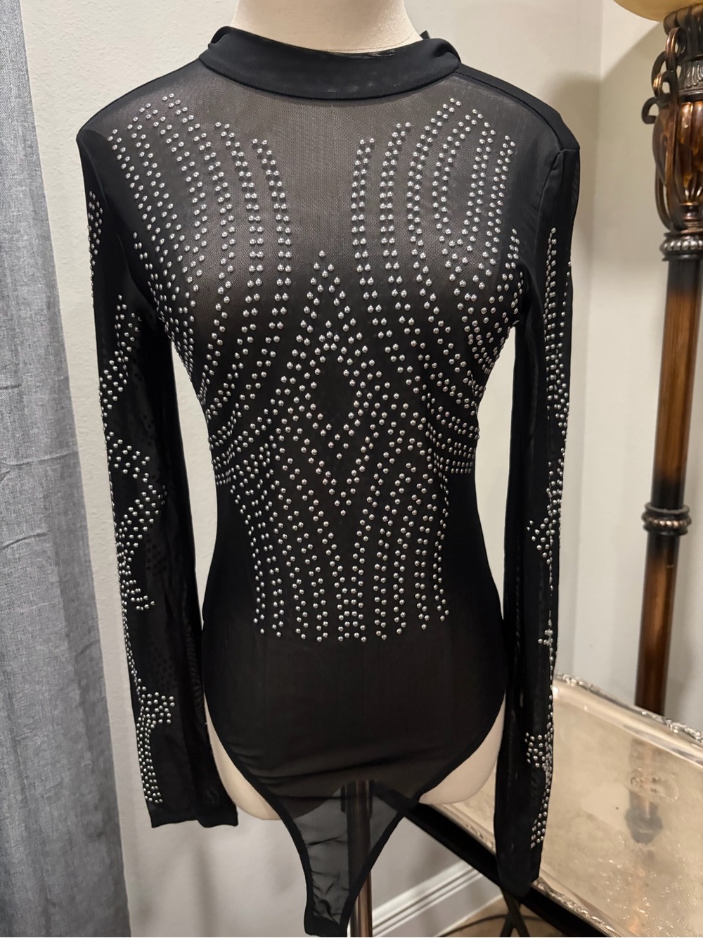 iris Black Mesh Long-Sleeve Studded Bodysuit